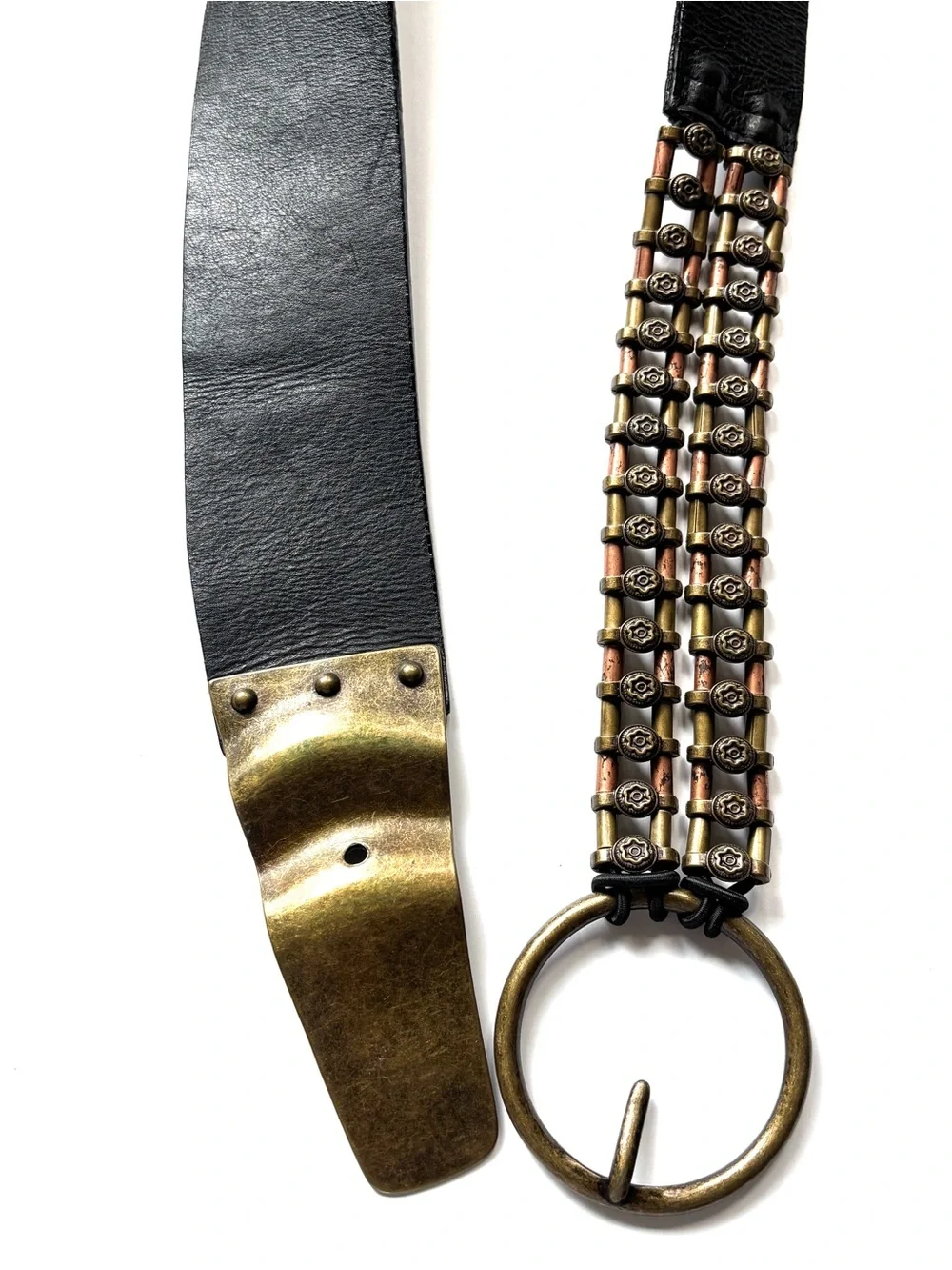 Black Leather Belt w/ Brass Gold Copper Metal Chain Hardware M-L Chicos vintage